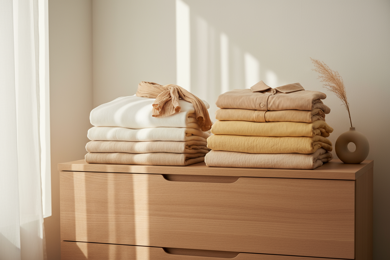 תמונה של בגדים מונחים על ארון בצורה נקייה ומסודרת צבעים חמים בהירים